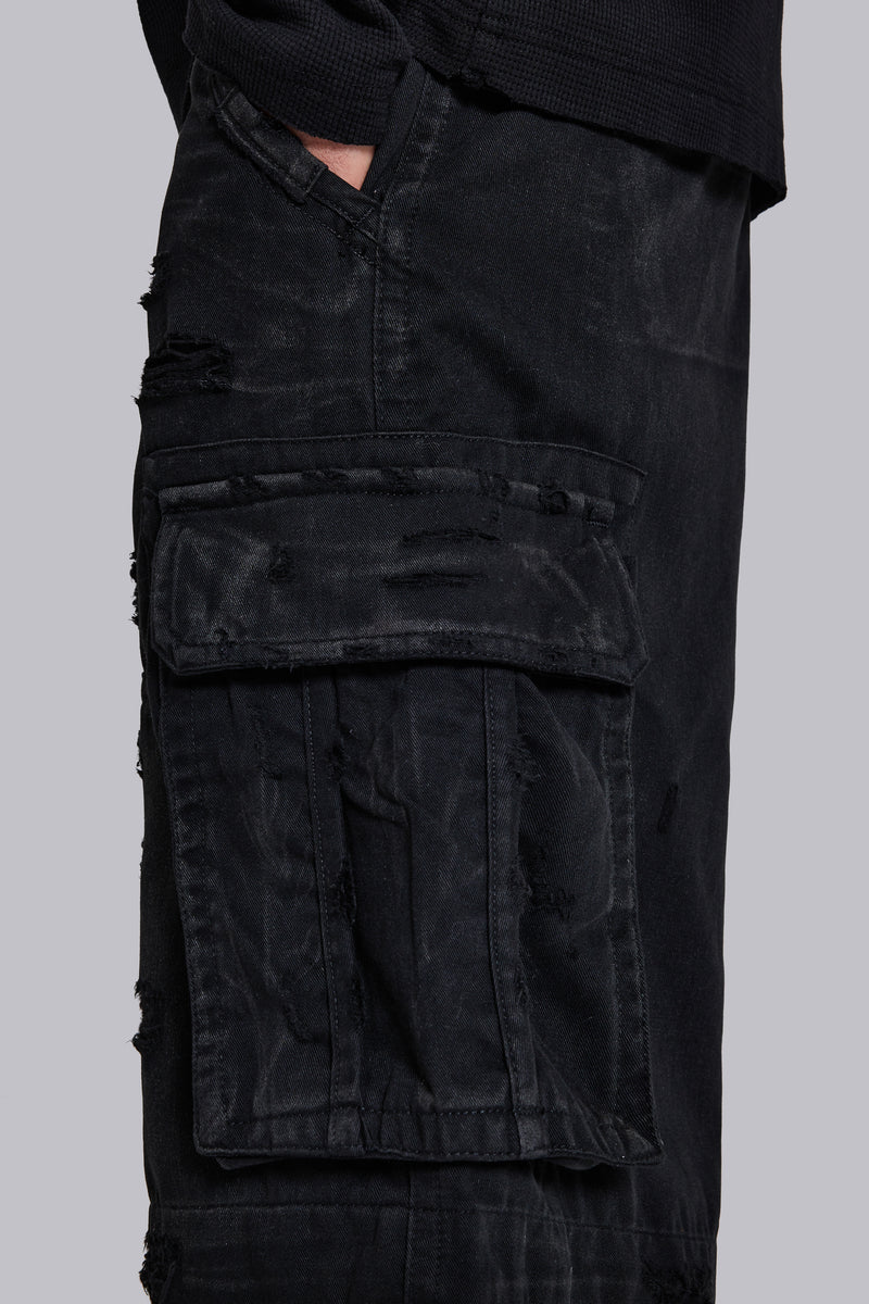 Black Distressed Beach Cargo Shorts