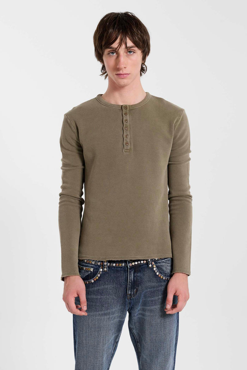 Olive Washed Waffle Henley Top – view 2