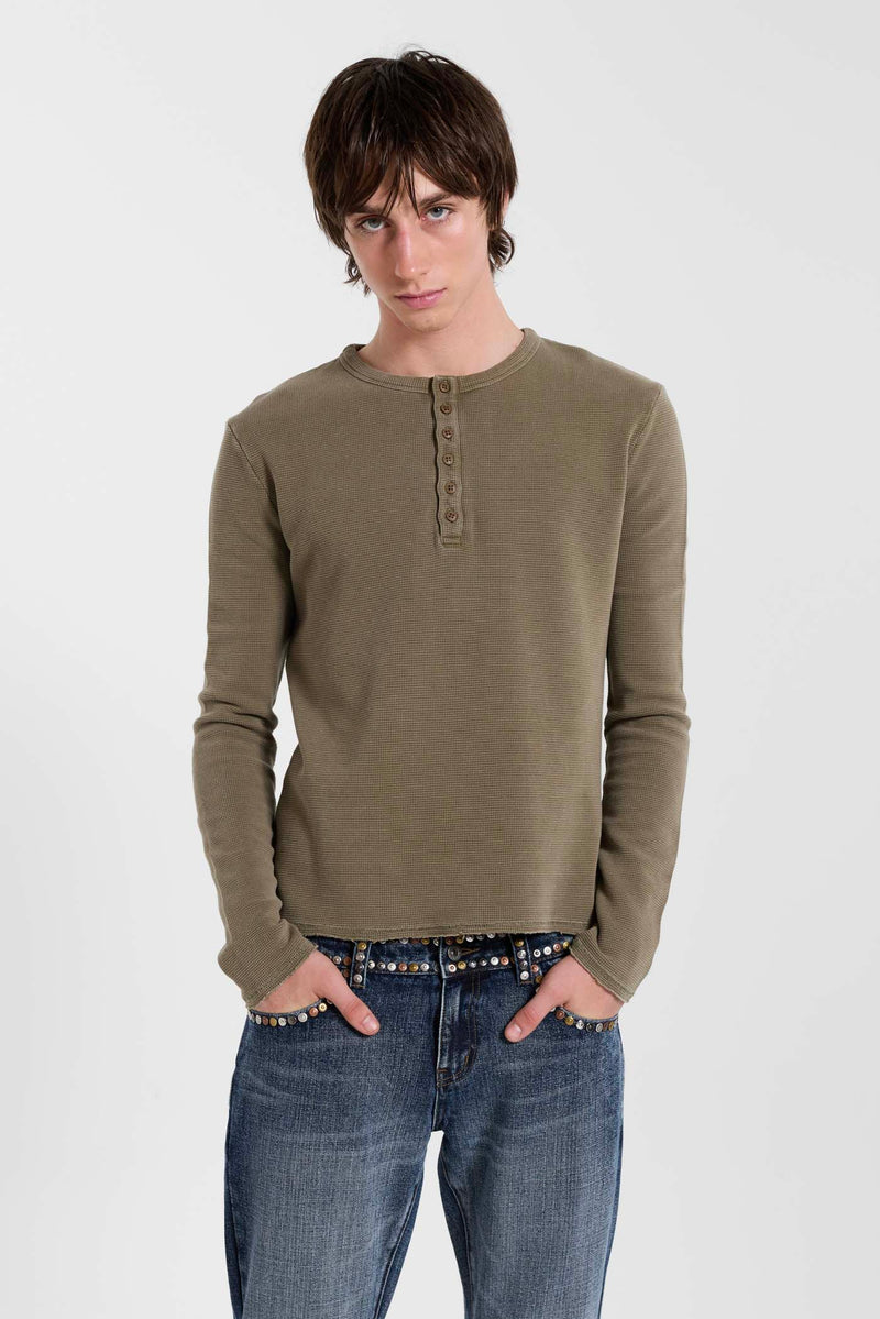 Olive Washed Waffle Henley Top – view 3
