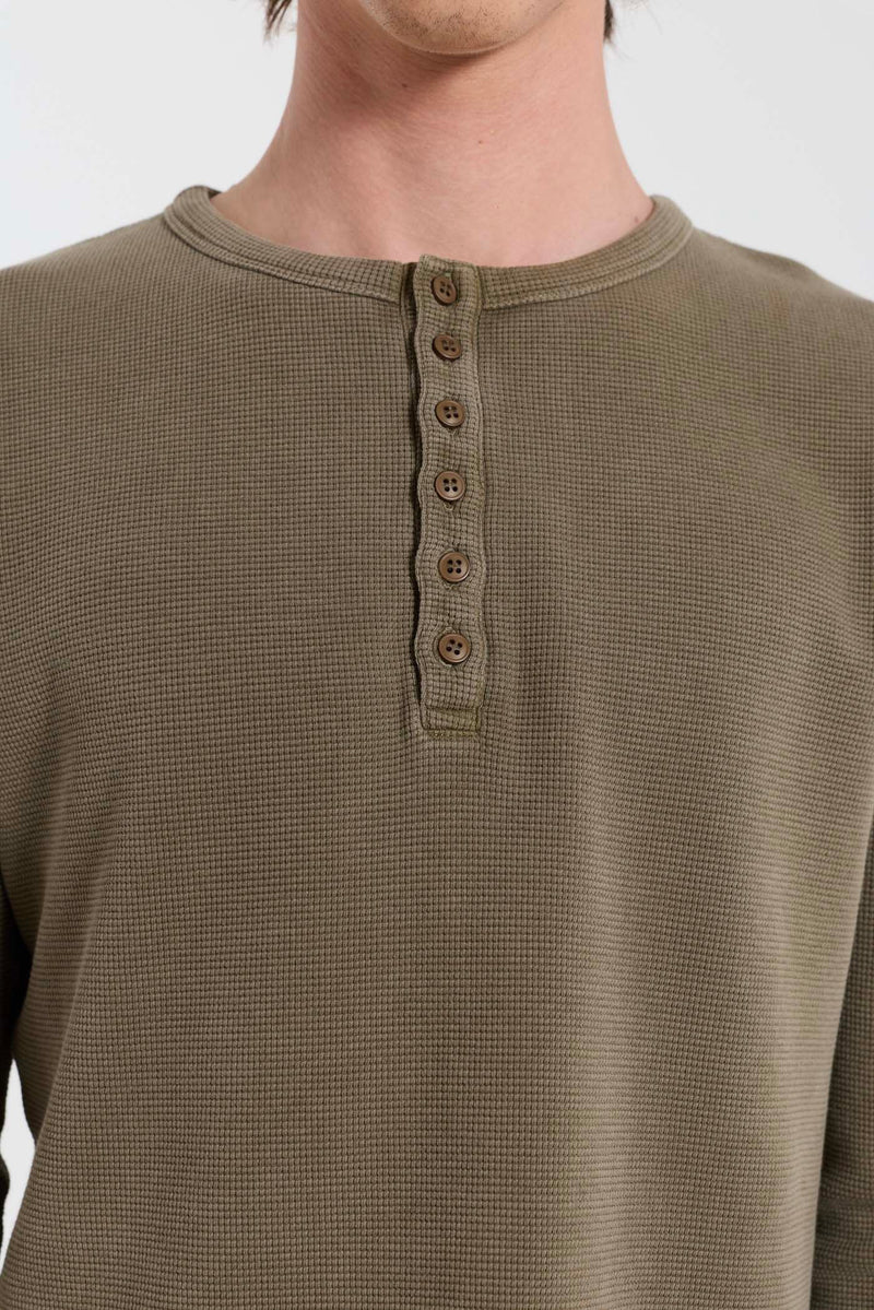 Olive Washed Waffle Henley Top – view 5