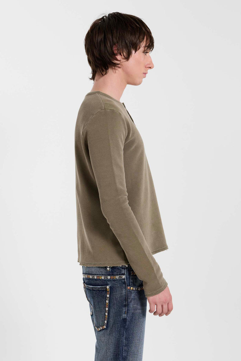 Olive Washed Waffle Henley Top – view 4