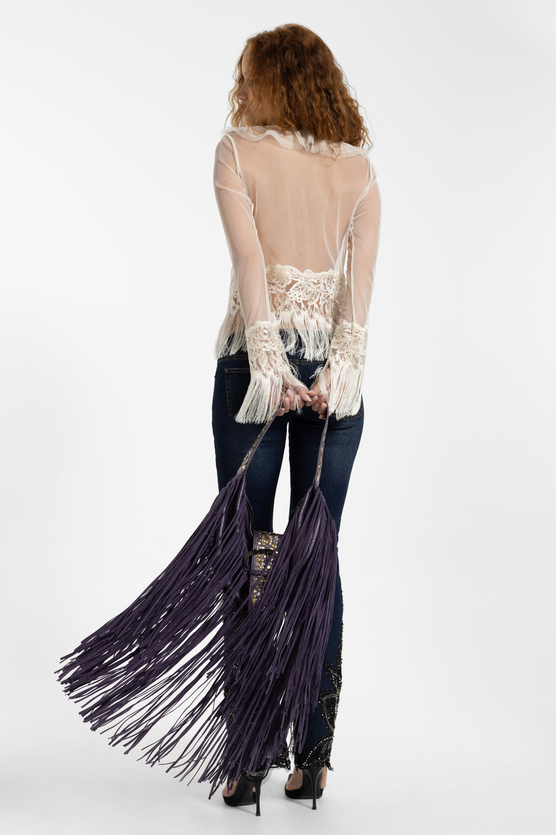 Amethyst Fringe Studded Shoulder Bag
