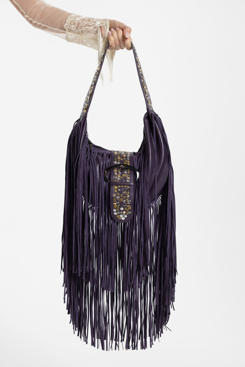 Amethyst Fringe Studded Shoulder Bag