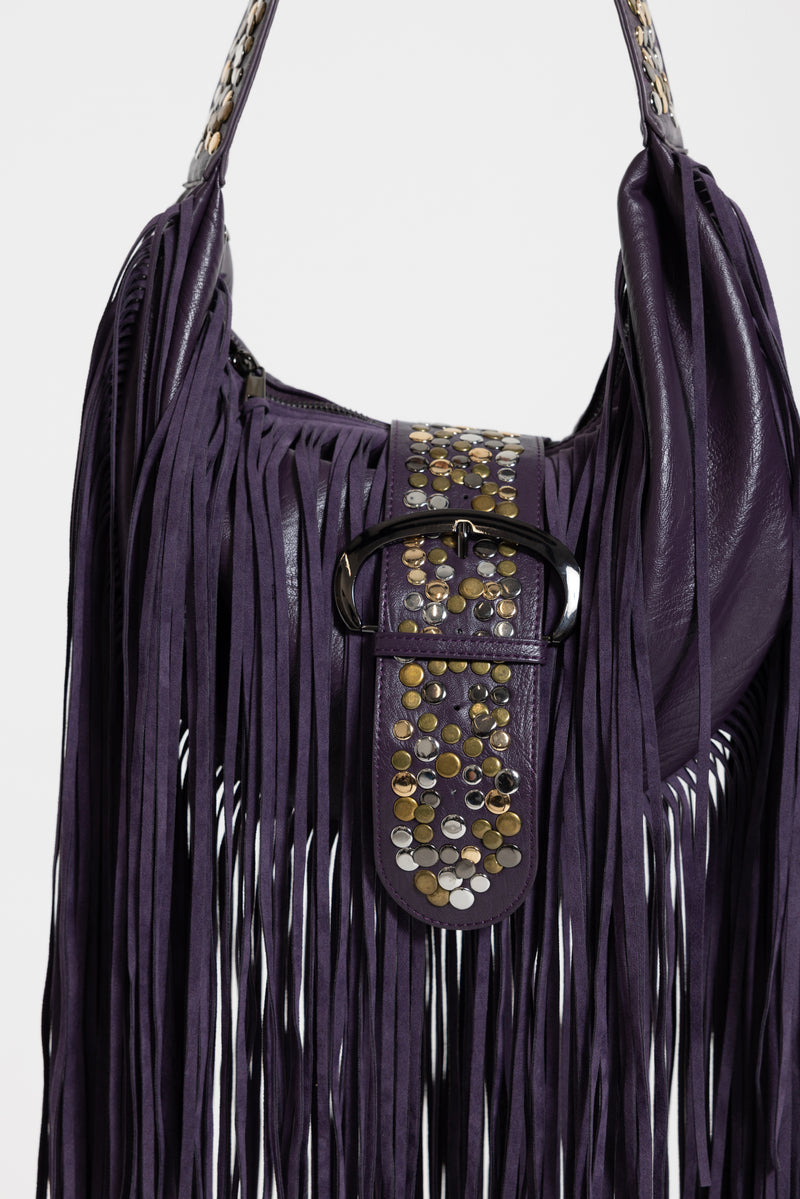 Amethyst Fringe Studded Shoulder Bag