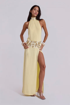 Darya Hand Beaded Backless Maxi Dress in Butter - UK 6 / Yellow