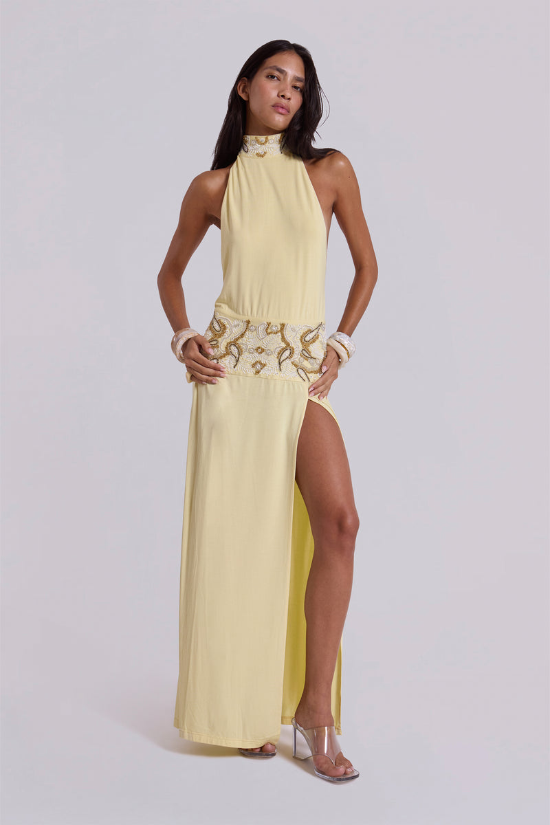Darya Hand Beaded Backless Maxi Dress in Butter