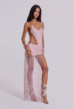 Stellar Asymmetric Hand Beaded Maxi Dress in Pink - UK 4 / Pink