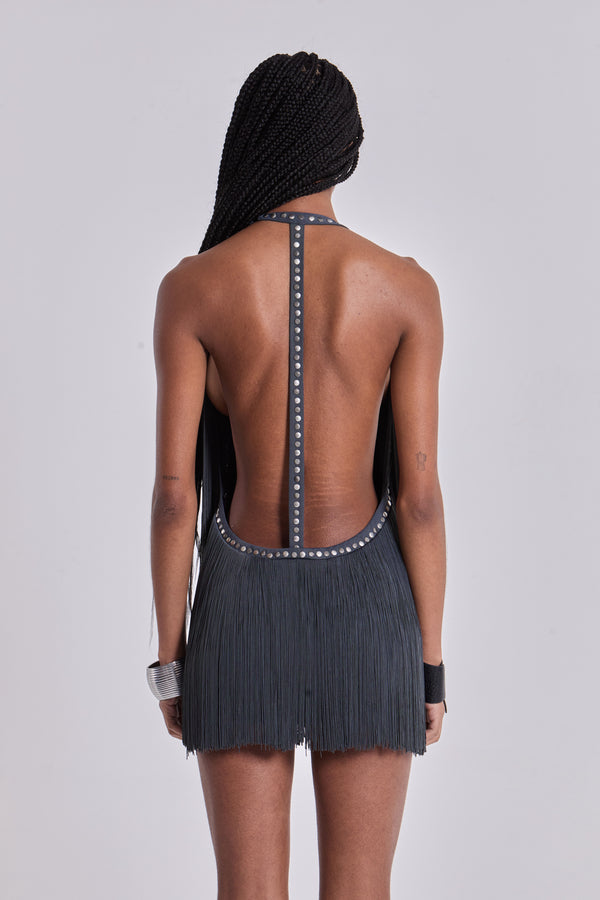 Vadra Backless Fringe Mini Dress