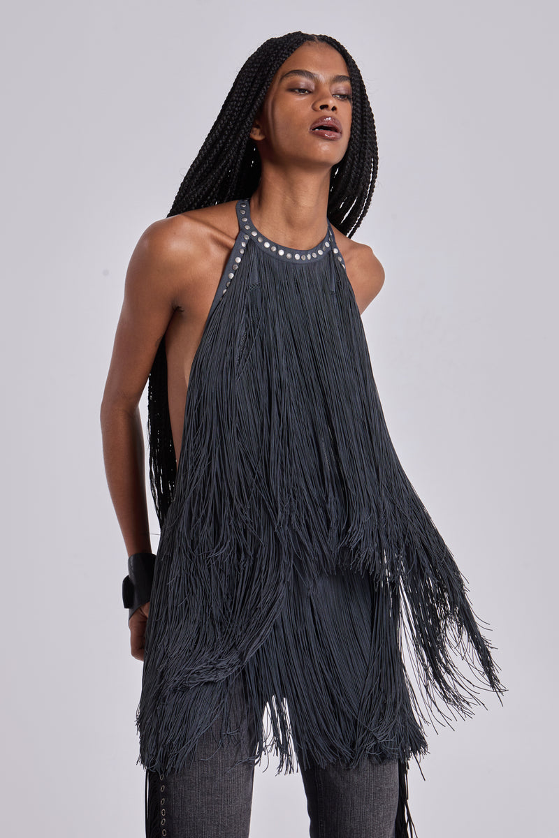 Vadra Backless Fringe Mini Dress
