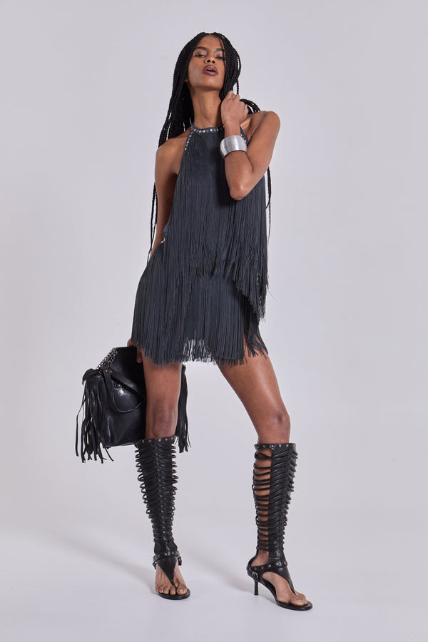 Vadra Backless Fringe Mini Dress