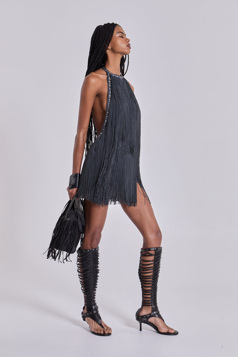 Vadra Backless Fringe Mini Dress