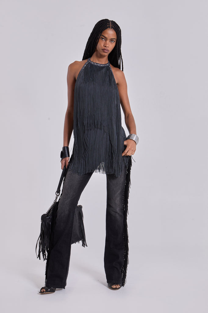 Vadra Backless Fringe Mini Dress