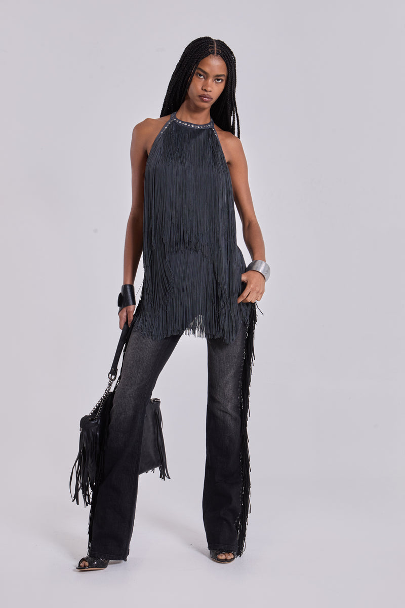 Vadra Backless Fringe Mini Dress