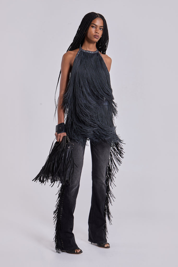 Vadra Backless Fringe Mini Dress