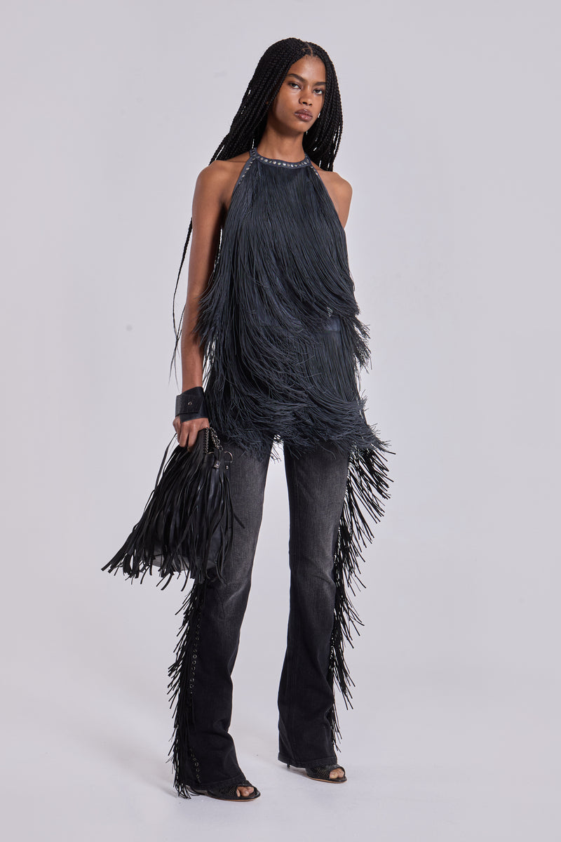 Vadra Backless Fringe Mini Dress
