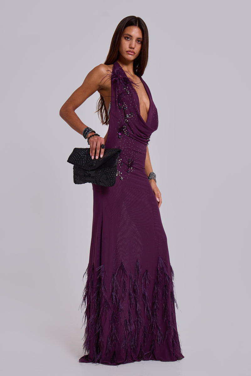 Ember Embellished Plunge Maxi Dress with Real Feather