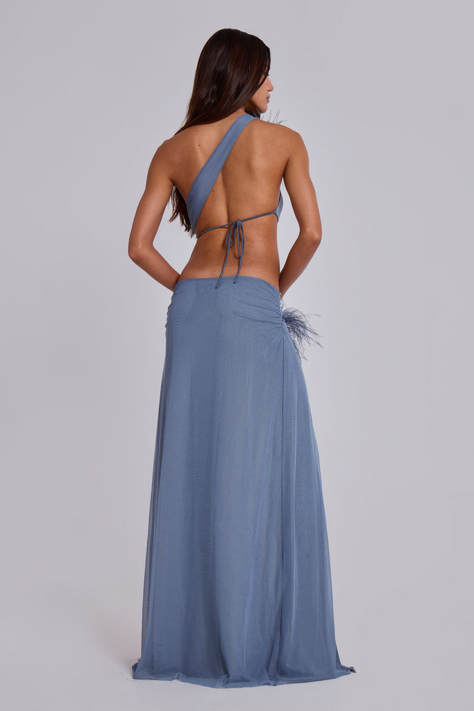 Noctelle Cut Out Maxi Dress with Feathers