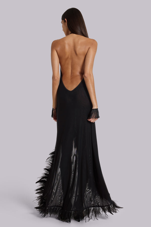 Ravenna Backless Halter Maxi Dress with Feathers