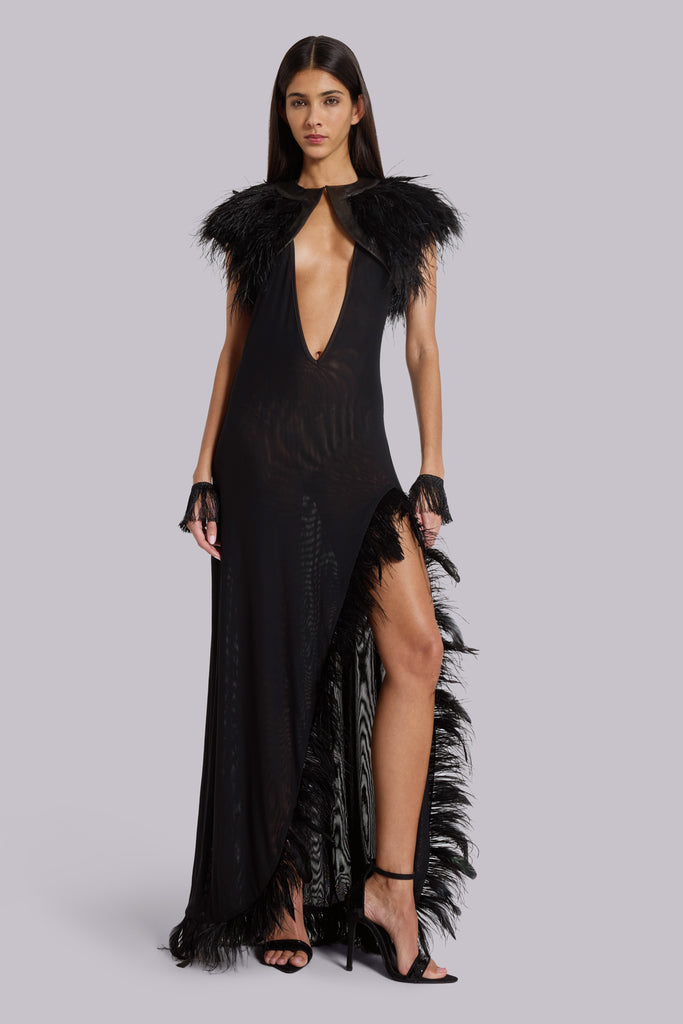 Ravenna Backless Halter Maxi Dress with Feathers