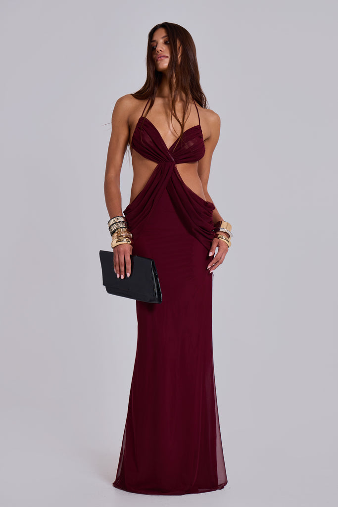 Hesperia Draped Maxi Dress in Burgundy