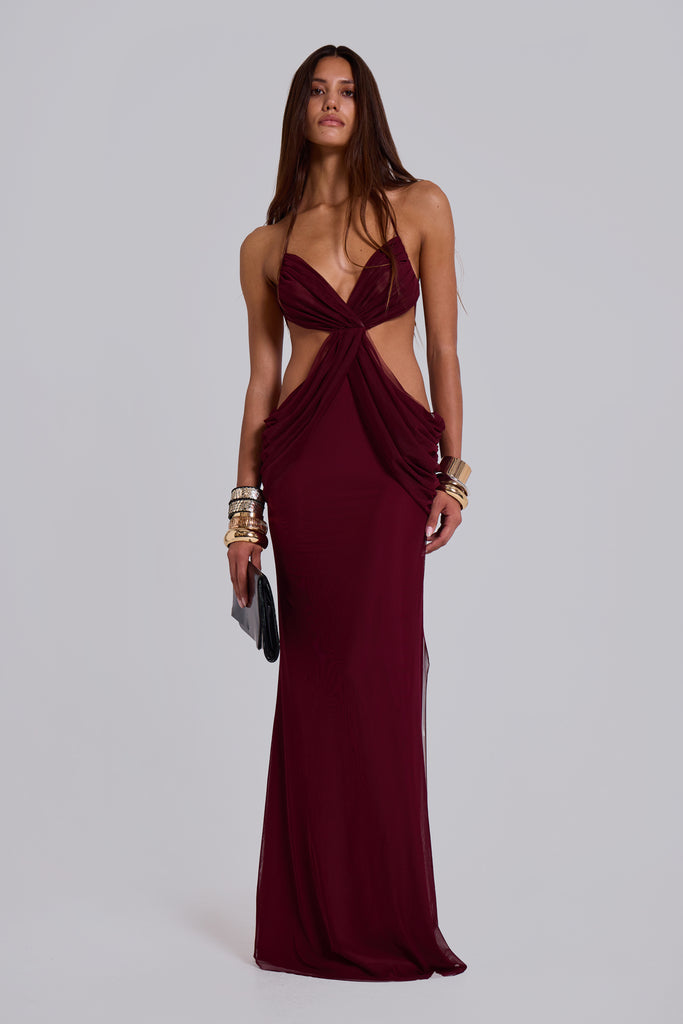 Hesperia Draped Maxi Dress in Burgundy