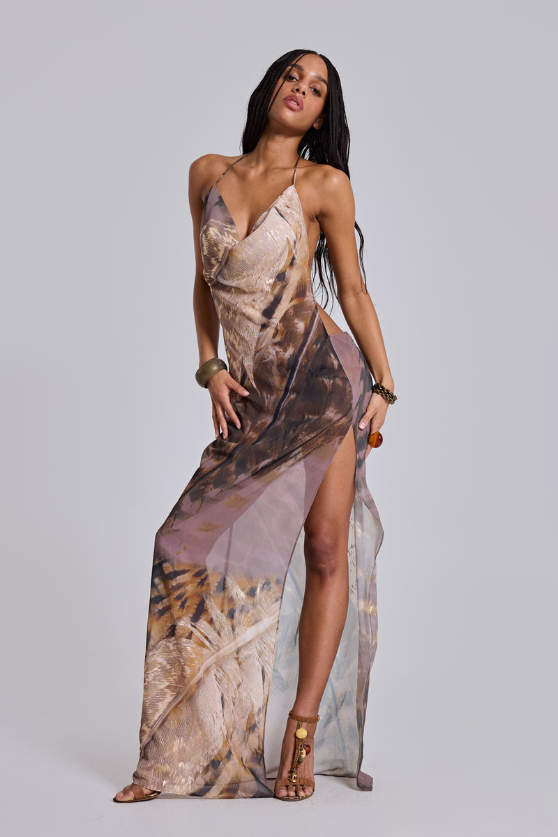 Alameda Metallic Cowl Backless Chiffon Maxi Dress