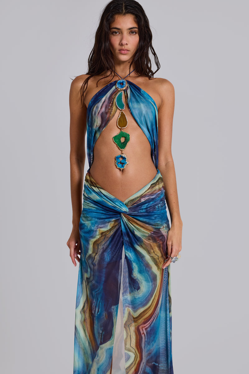Quartz Halter Maxi Dress with Crystals
