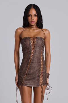 Odile Brown Faux Leather Lace Up Mini Dress - UK 16 / Brown