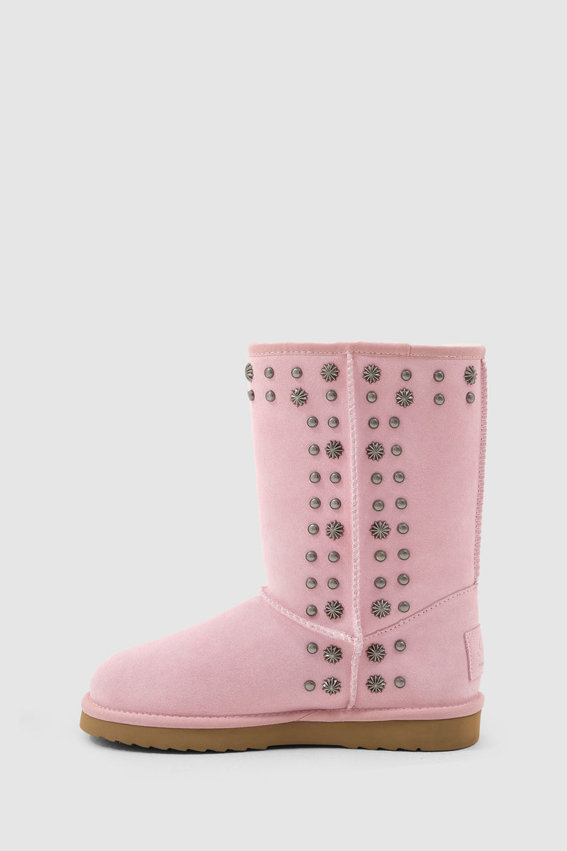 Bolted Stud Shearling Boots in Pink