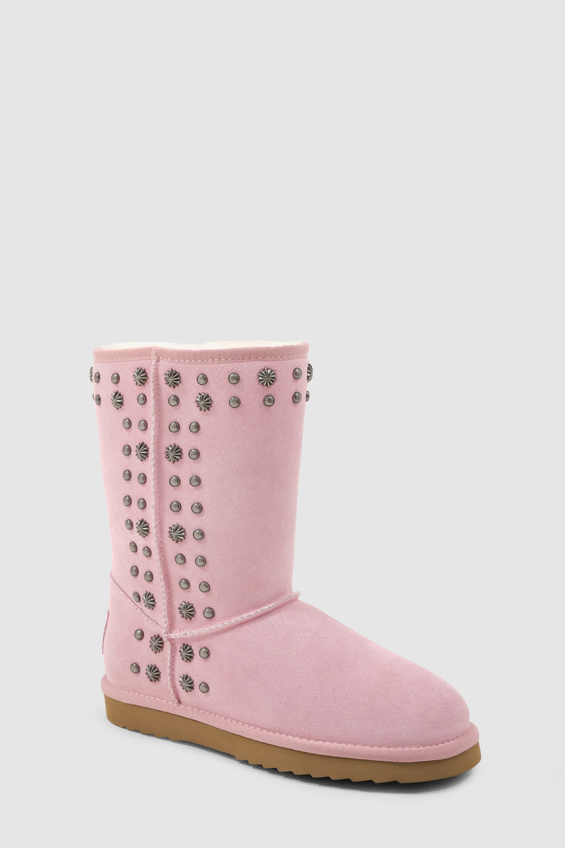 Bolted Stud Shearling Boots in Pink