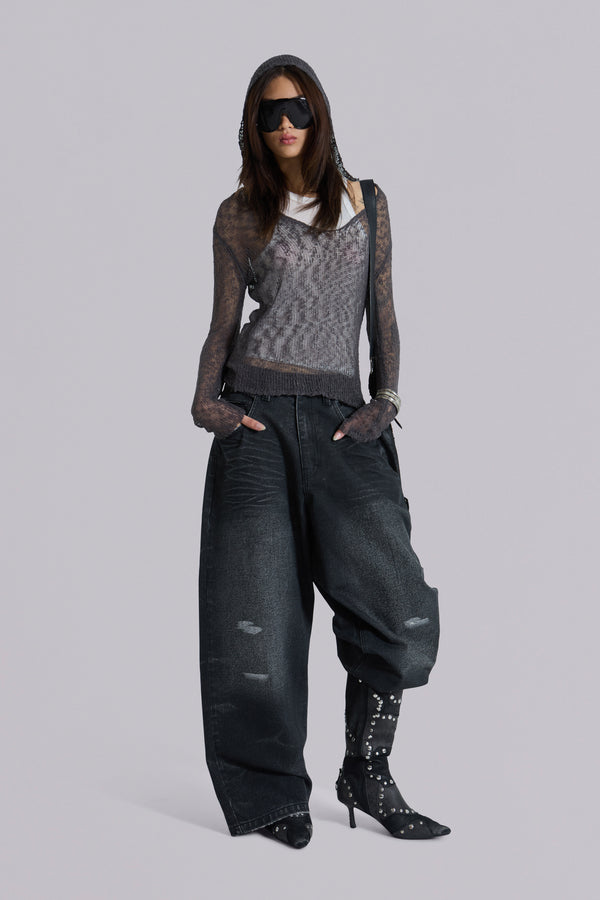 Naia Loose Knit Hooded Top in Charcoal