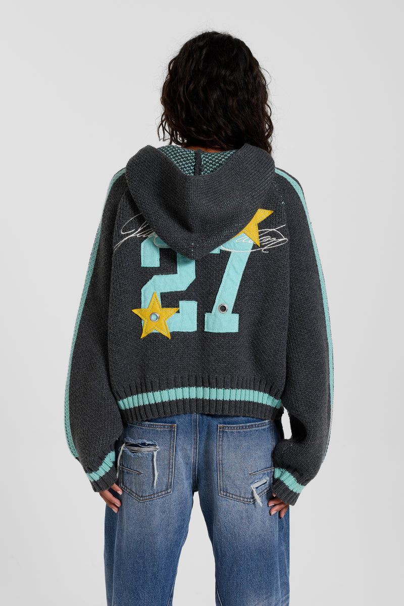 Grey Blue Hooded Knit Cardigan