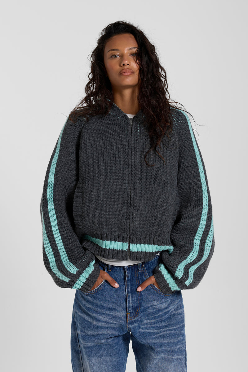 Grey Blue Hooded Knit Cardigan