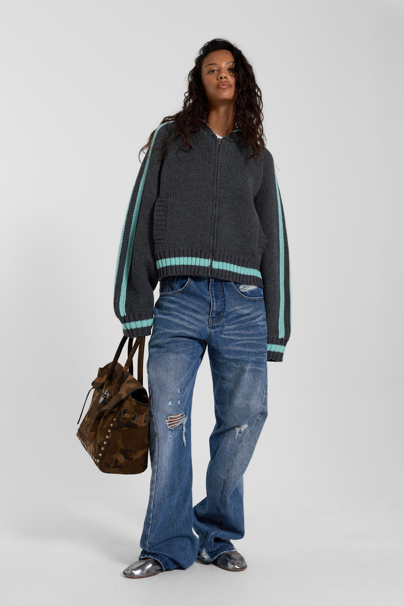 Grey Blue Hooded Knit Cardigan
