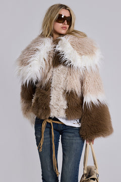 Oksana Patchwork Faux Fur Coat in Beige – view 1