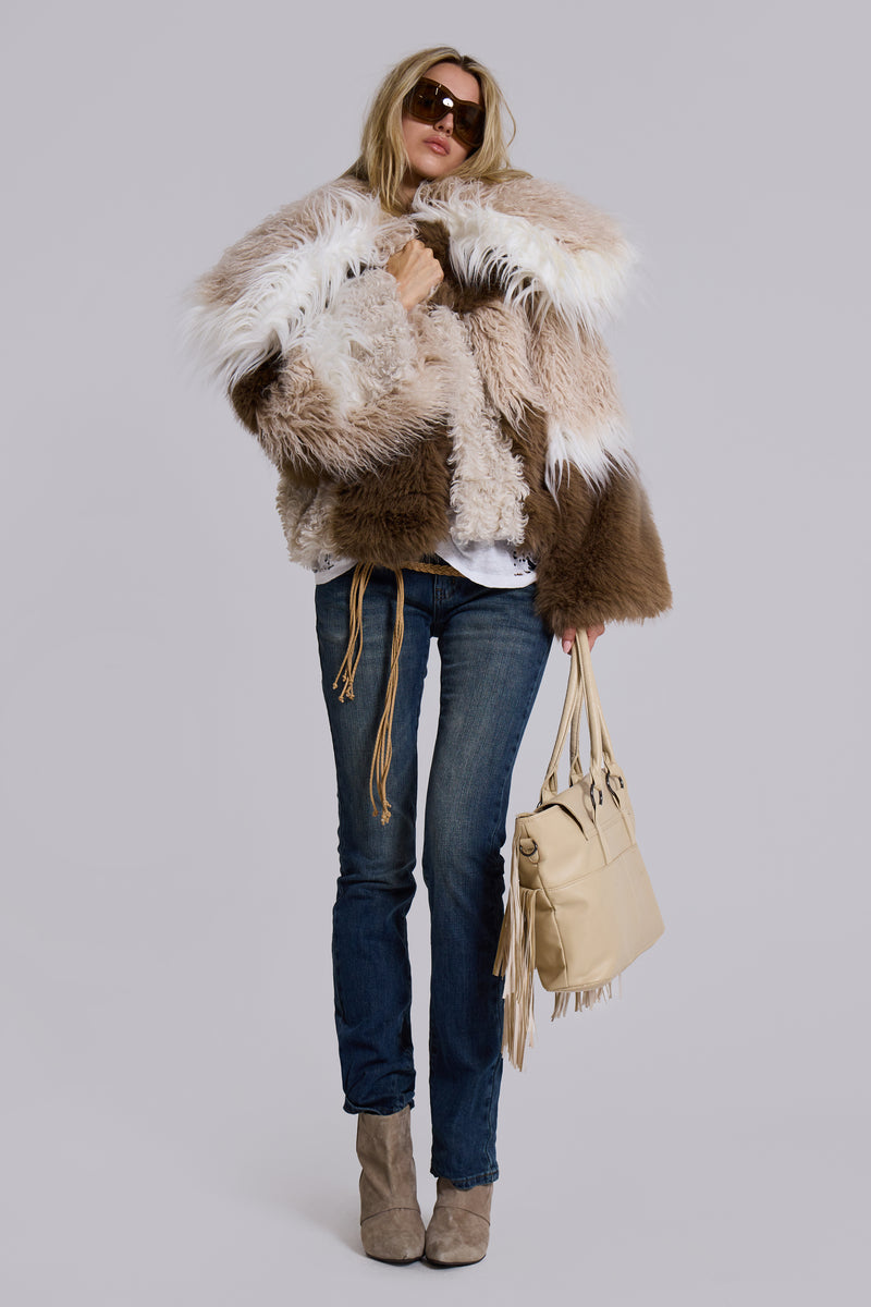 Oksana Patchwork Faux Fur Coat in Beige