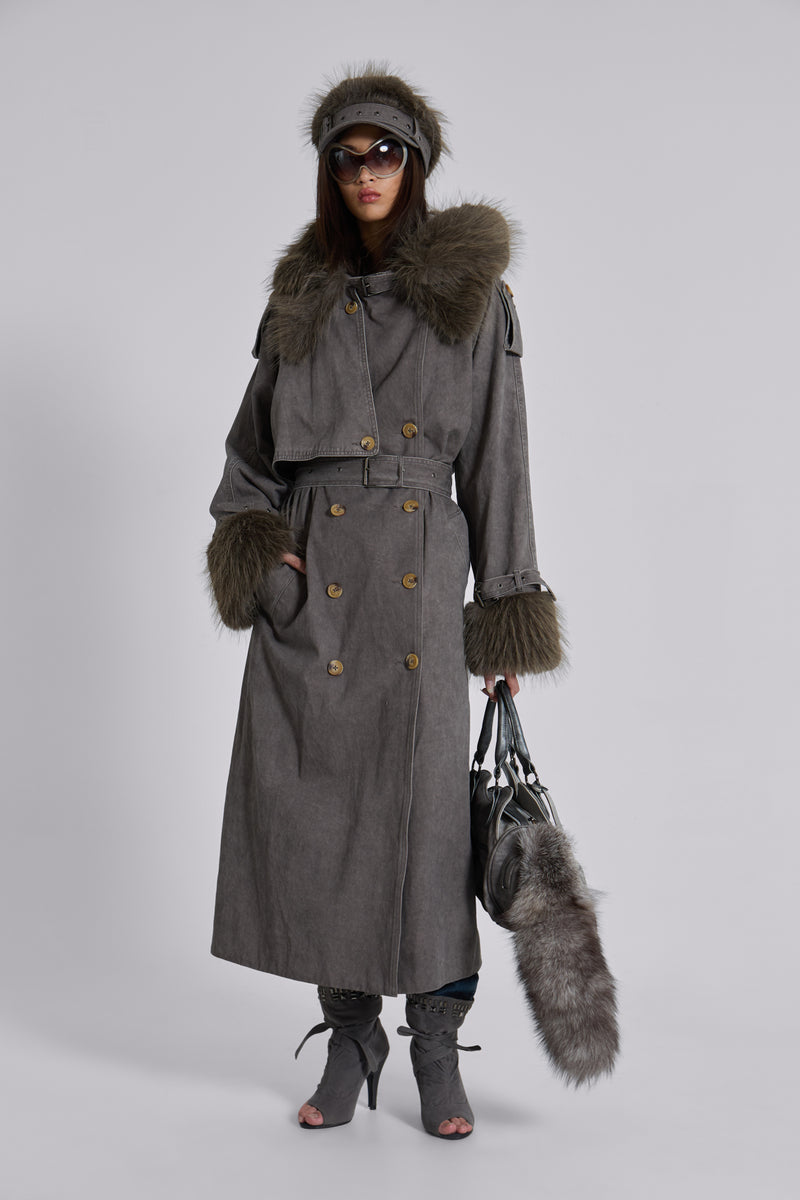 Vania Oversized Faux Fur Hooded Trench Coat