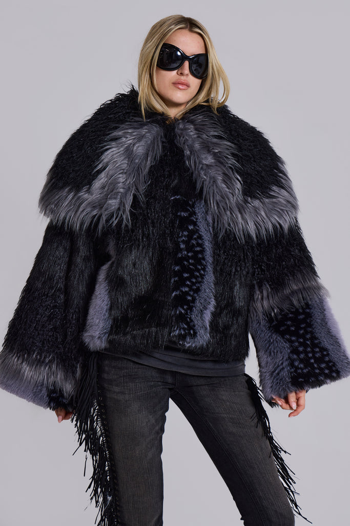 Oksana Patchwork Faux Fur Coat in Black