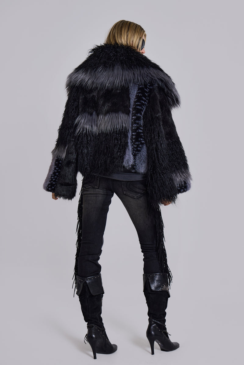 Oksana Patchwork Faux Fur Coat in Black