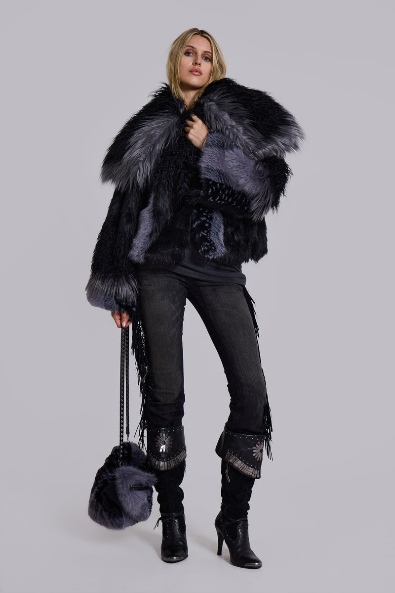 Oksana Patchwork Faux Fur Coat in Black