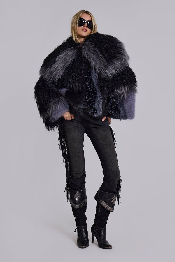 Oksana Patchwork Faux Fur Coat in Black