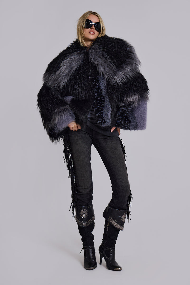 Oksana Patchwork Faux Fur Coat in Black