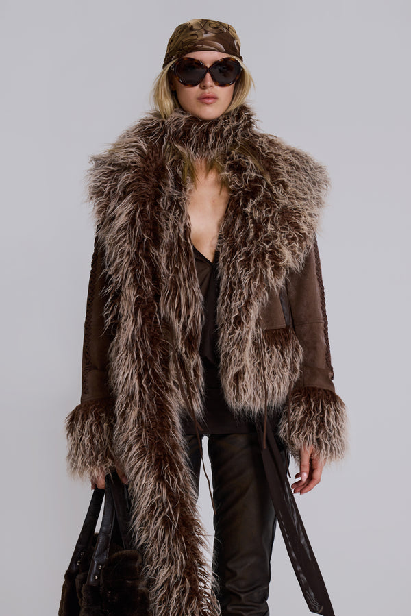 Leonie Faux Mongolian Fur Trim Coat in Brown
