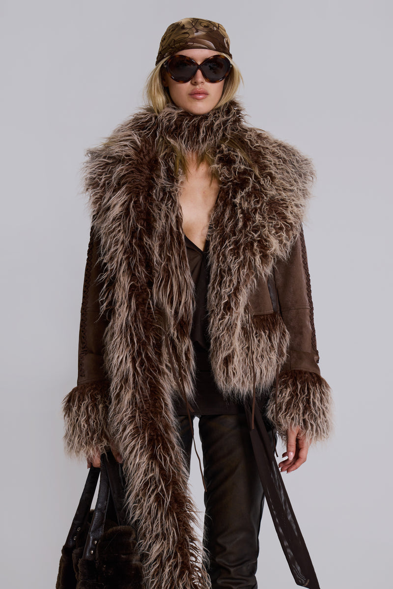 Leonie Faux Mongolian Fur Scarf in Brown