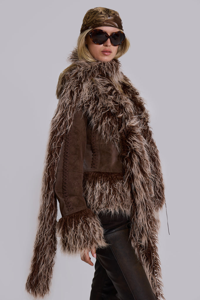 Leonie Faux Mongolian Fur Trim Coat in Brown