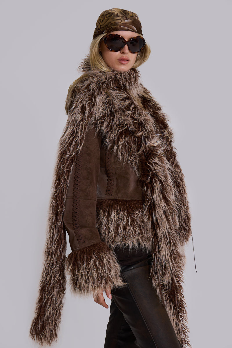 Leonie Faux Mongolian Fur Trim Coat in Brown
