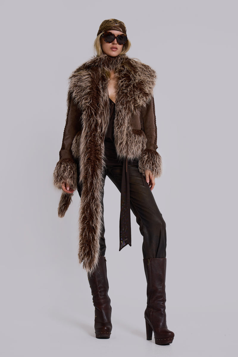 Leonie Faux Mongolian Fur Scarf in Brown