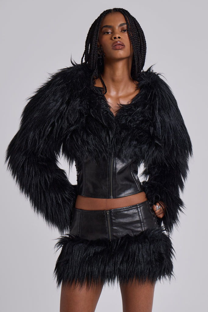 Viera Faux Fur and Leather Mini Skirt