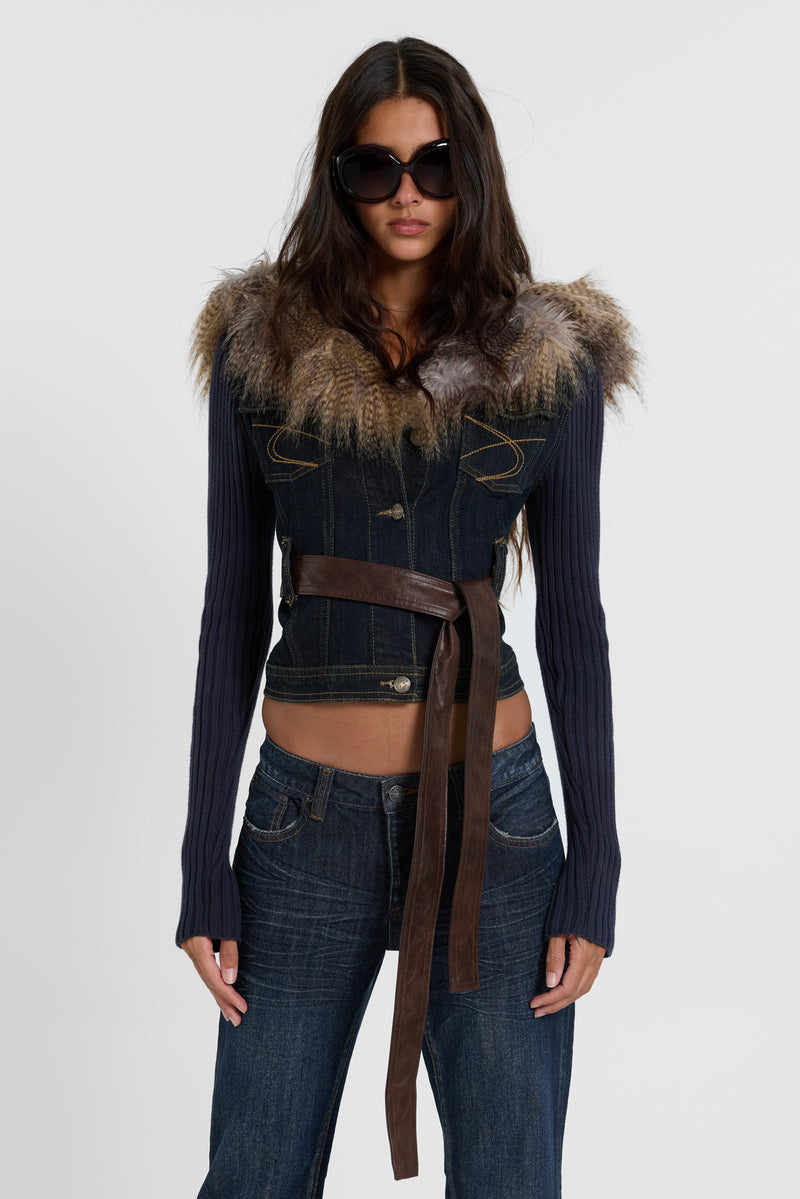 Denim Knit Faux Fur Mix Jacket