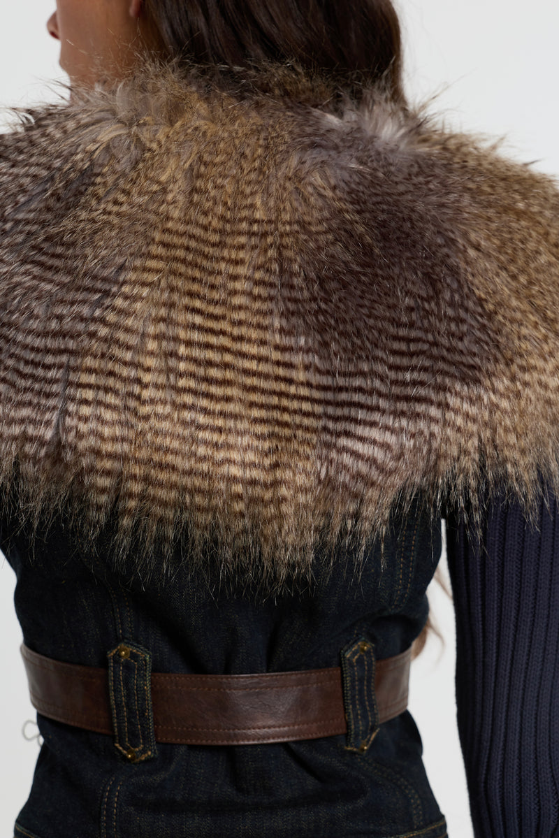 Denim Knit Faux Fur Mix Jacket